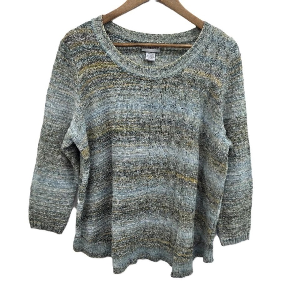 Catherines 2X Cable Knit Sweater Blue Green Marled Textured Pullover Fall Cozy